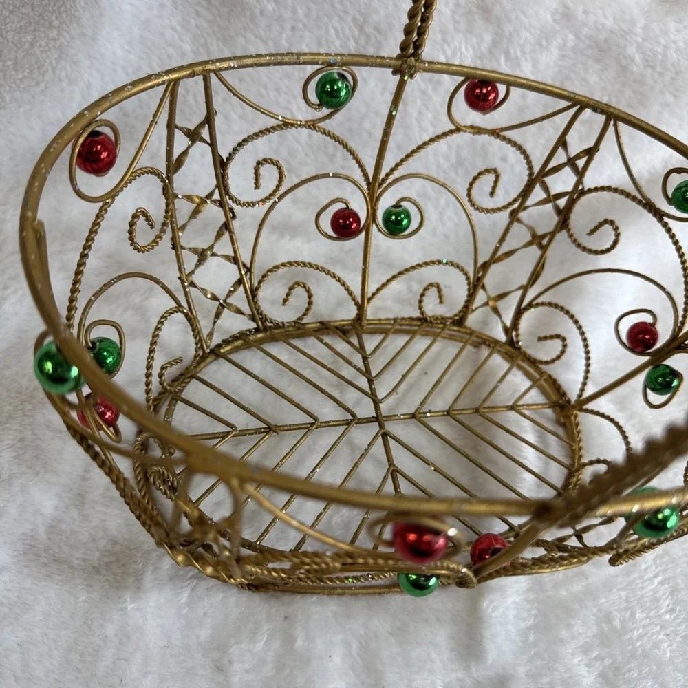 Gold‎ Wire Christmas Basket with Red and Green Ornaments Holiday Decor 11 inch